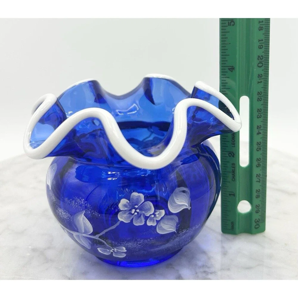 Fenton Cobalt Blue Snow Crest Rose Bowl Birds & Flowers Signed & Handpainted